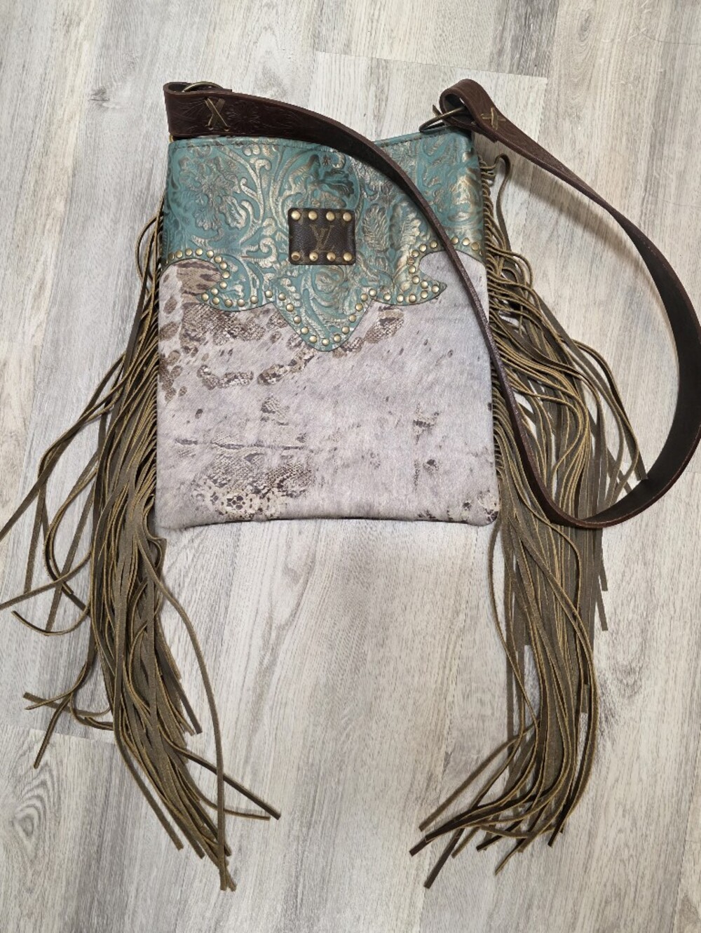 NWOT Keep It Gypsy Fringed upcycled LV Leather Crossbody Bag Turquoise,Tooled